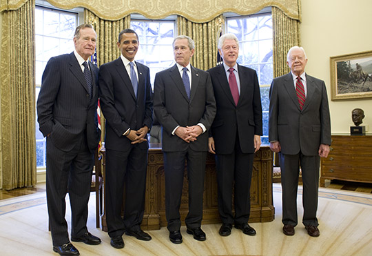 President-elect Obama with Nancy Killefer, the new Chief Performance Officer, for his administration. The news conference held at the transition office in Washington, D.C. on Jan. 7, 2009. President-elect Obama with former Presidents Bush (41), Carter and Clinton and current President Bush at the WHite House on Jan. 7, 2009. (Photo by Pete Souza)